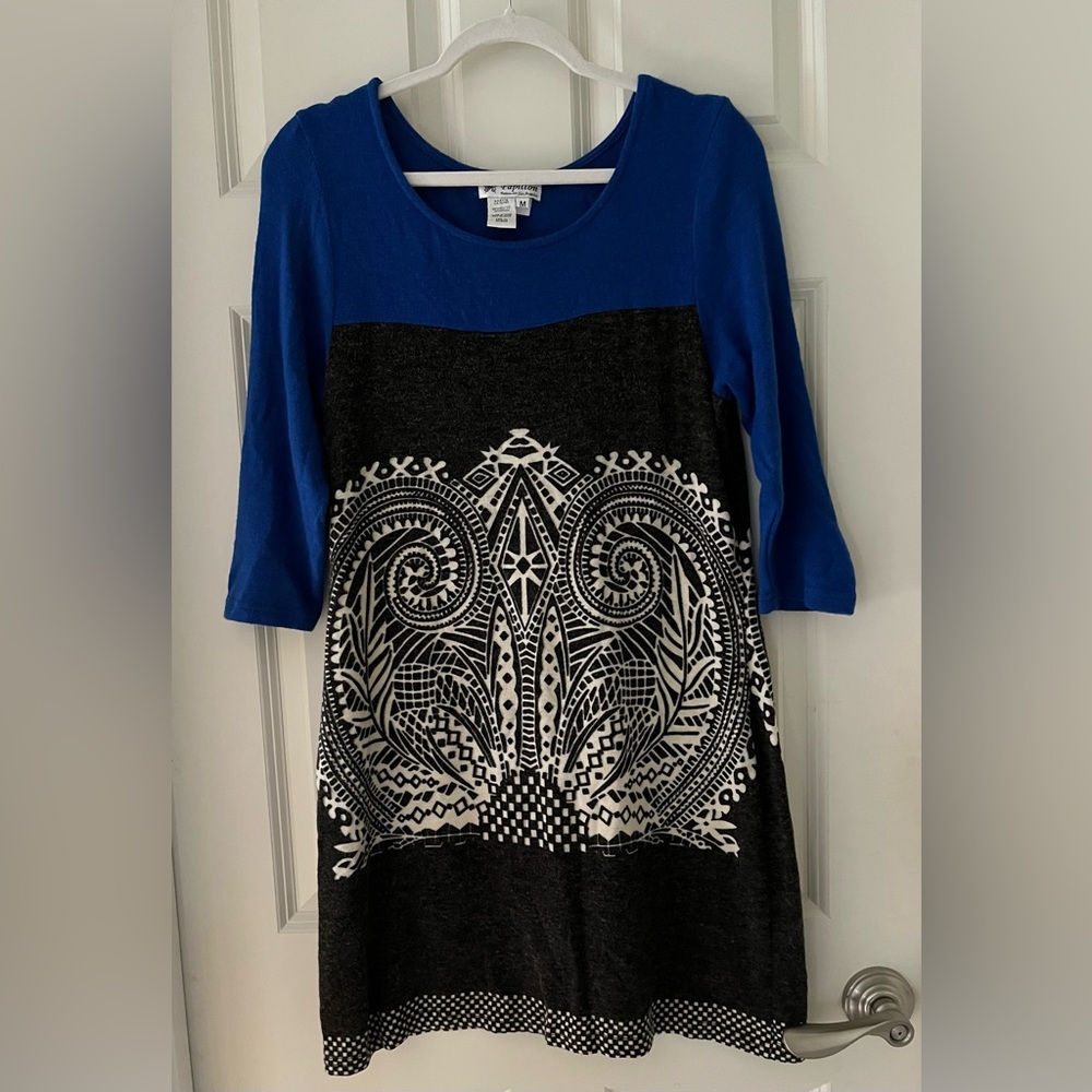 Women Papillon Blue Grey Paisley Place Print Color Block 3/4 Sleeve Dress M